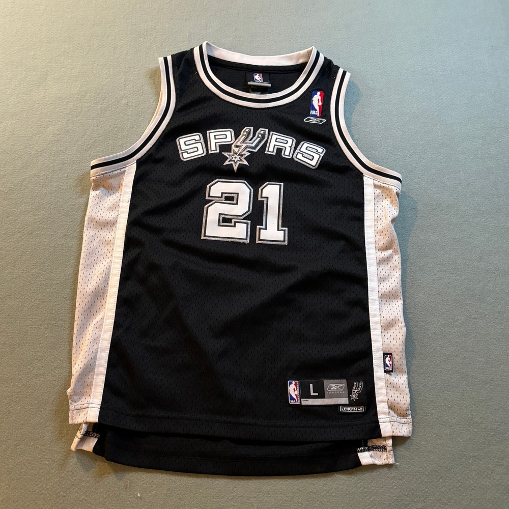 VTG Reebok San Antonio Spurs Tim Duncan Jersey Kids L Adult XS Black Y2K NBA